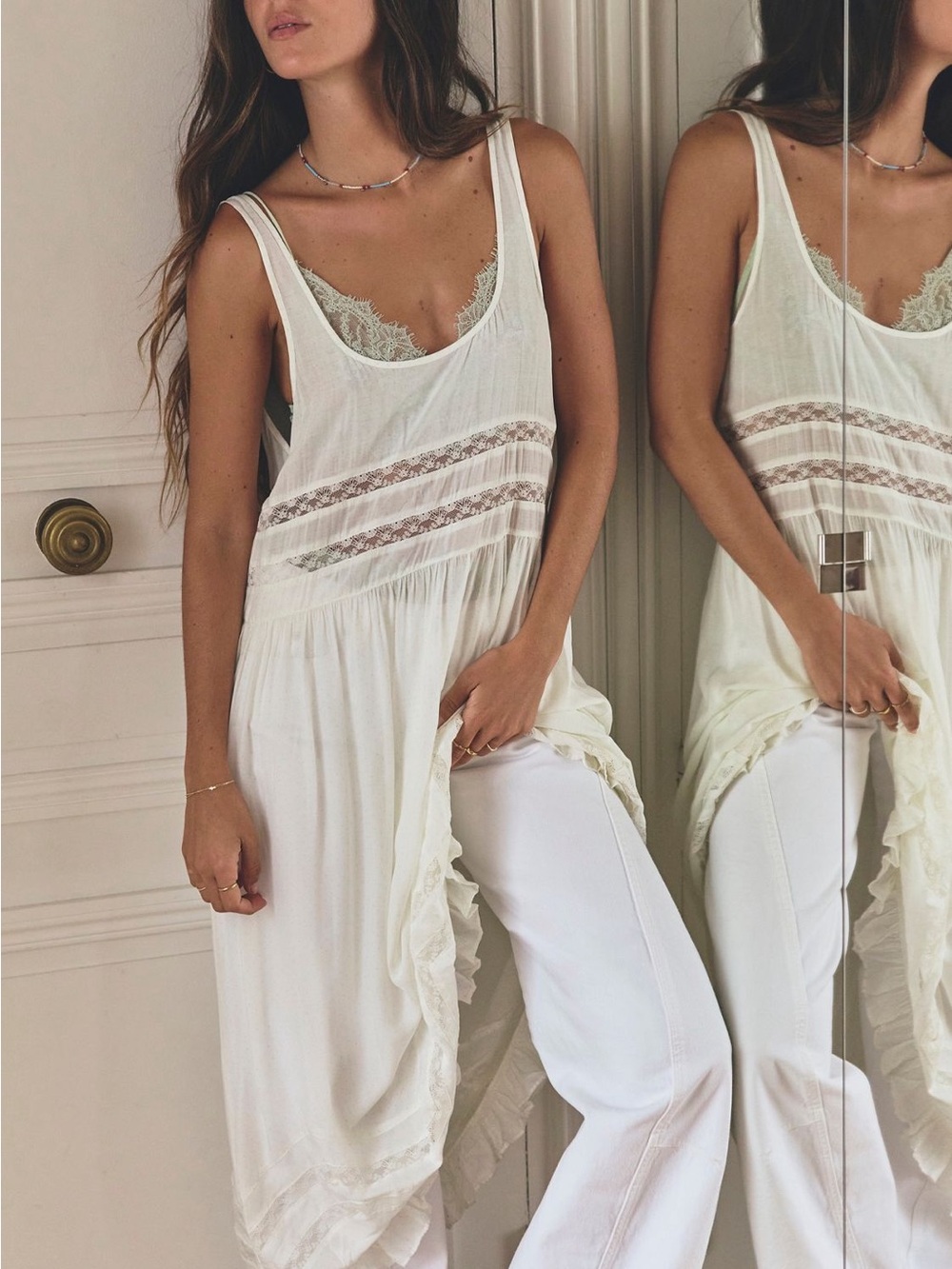 Free People Cream Lace-Panel Floaty Chemise